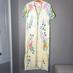 Saloni Floral Silk Short Sleeve Midi Shift Dress Pastel Yellow Size 4